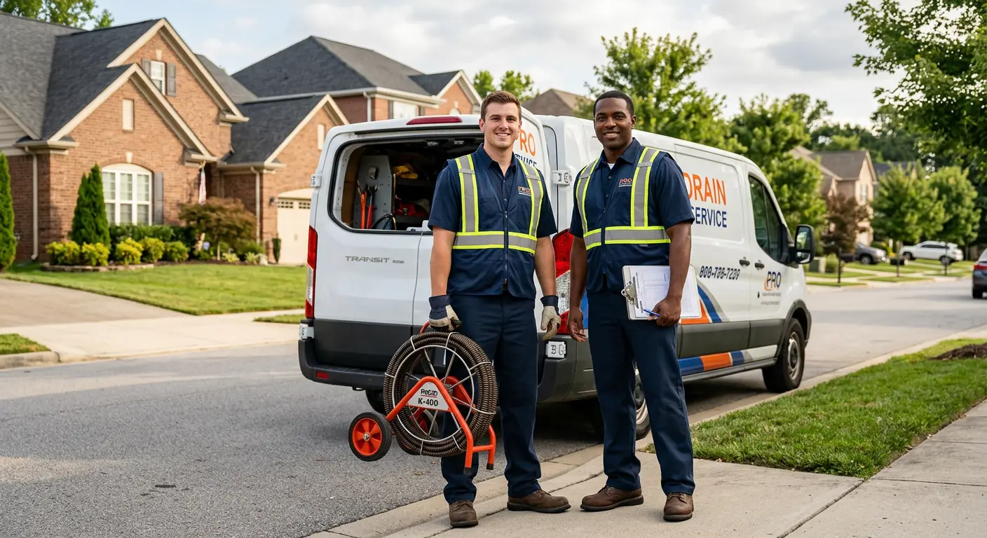Sewer and drain service team with equipment ready for work in Ellington