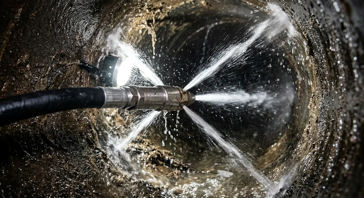 High-pressure hydro jetting nozzle cleaning sewer pipe for Trenchless Sewer Repair in Ellington