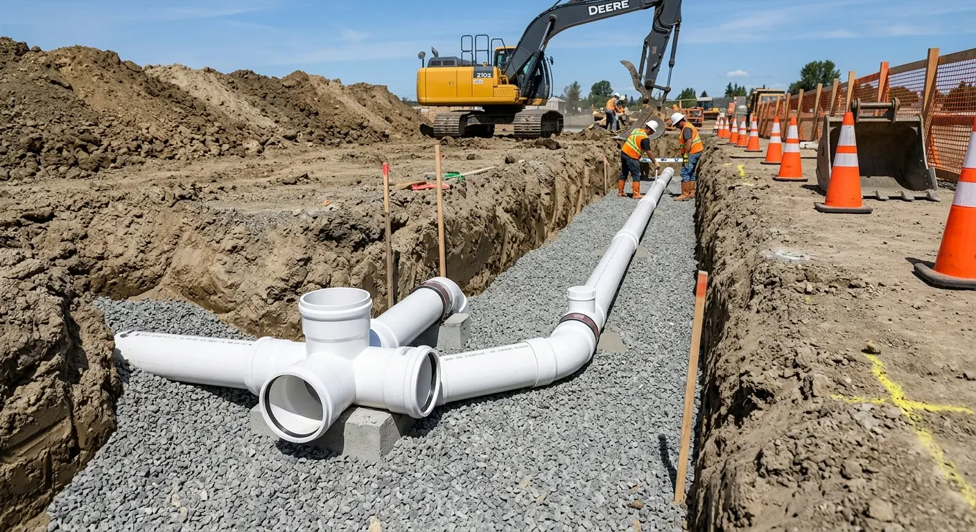 New PVC sewer pipe installation in open trench for Sewer Backup in Ellington