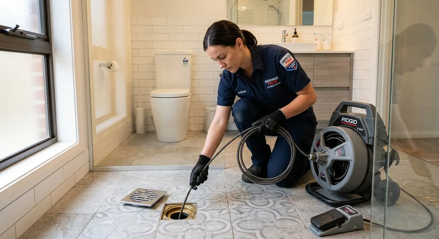 Technician clearing a bathroom floor drain for Drain Cleaning in Ellington